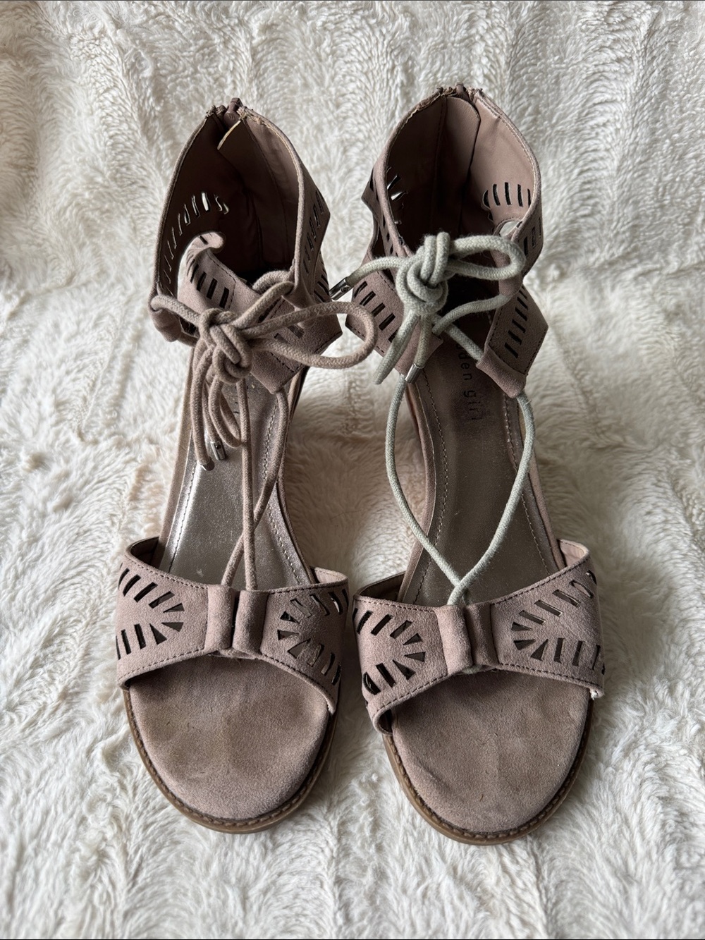 Madden Girl Taupe Suede Laser-Cut Lace-Up Sandals